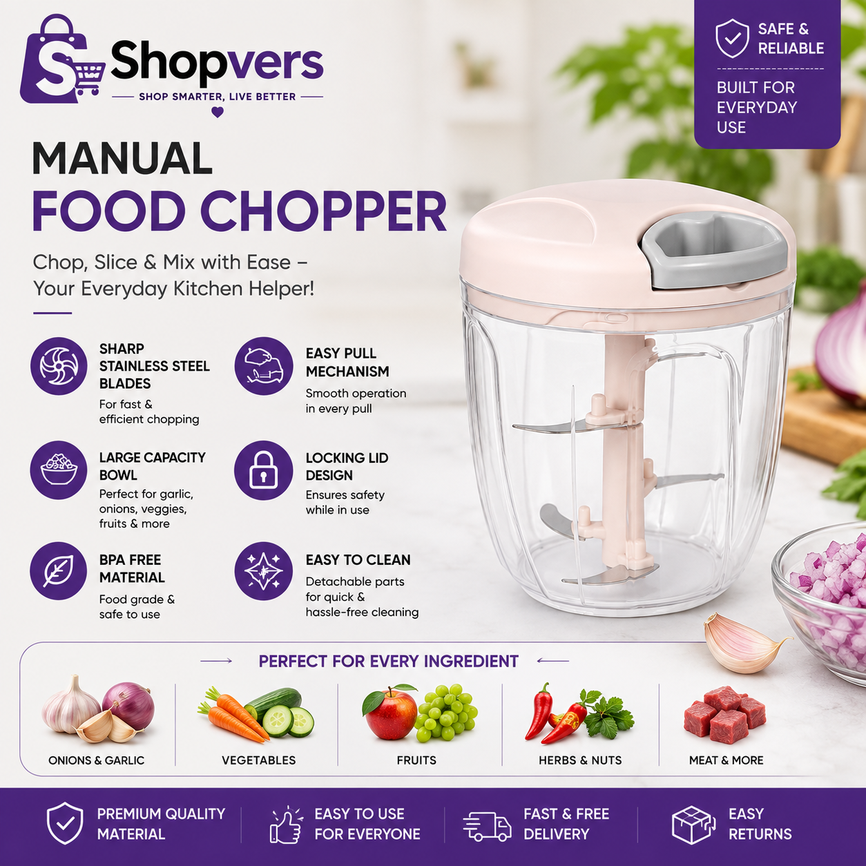 Manual Food Chopper – Pull String, Sharp Blades, BPA-Free, Large Capacity