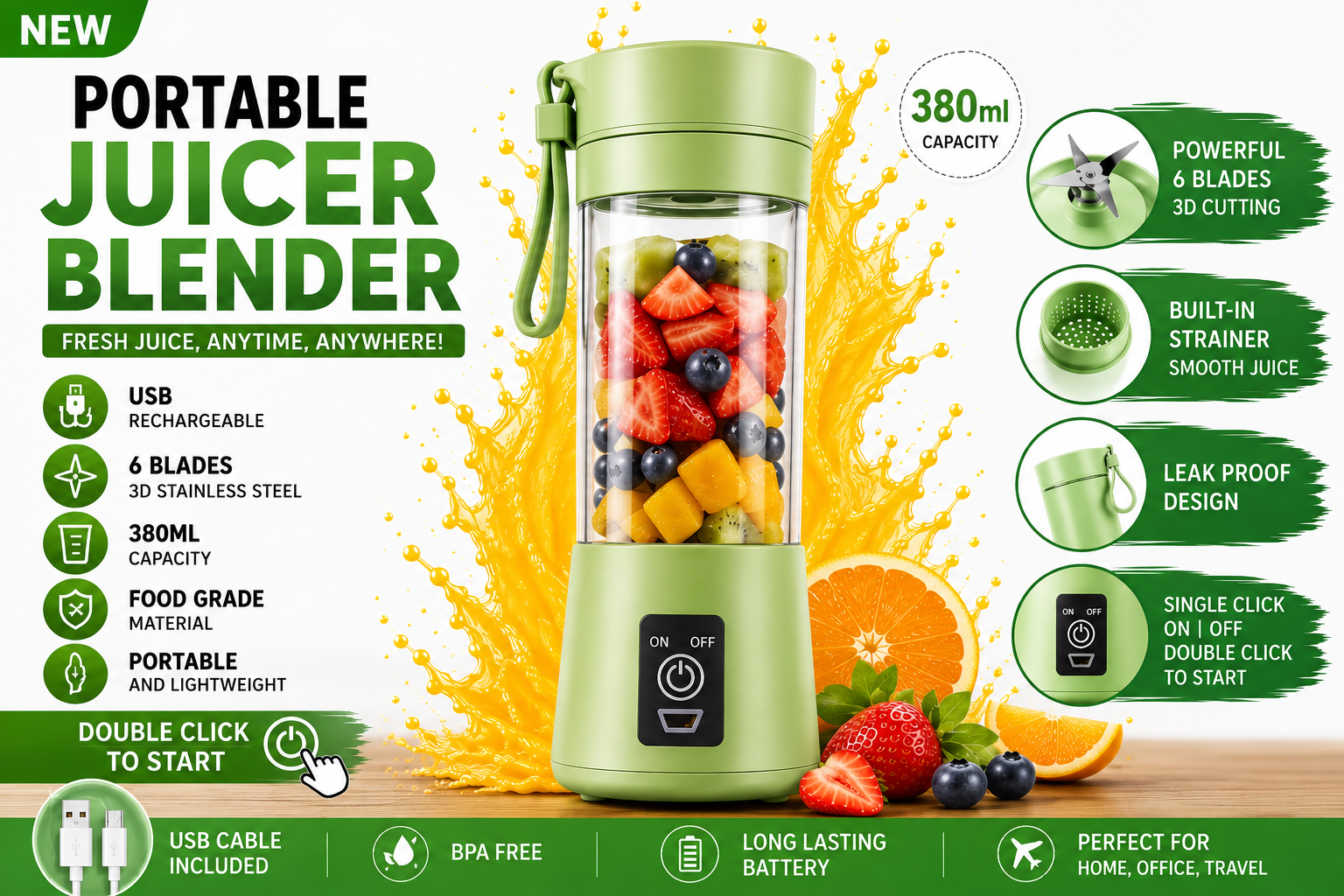 Portable Mini Juicer Blender – USB Rechargeable, 6-Blade, 380ml